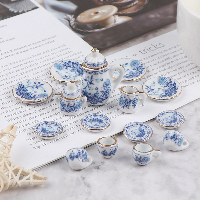 Kids Toys Kitchen Set - 15Pcs 1:12 Miniature Porcelain Tea Cup