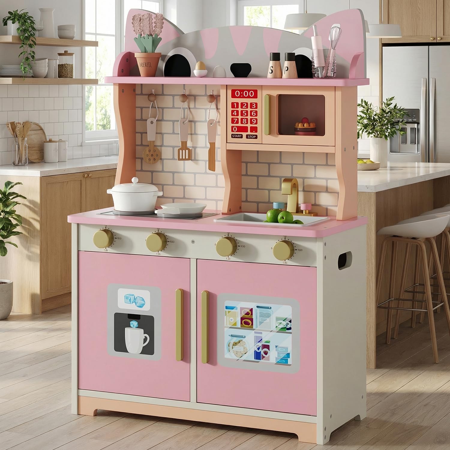 Pink Cat Design Wooden Play Ki - Kids Toys Kitchen Set บทวิจารณ์และราคา